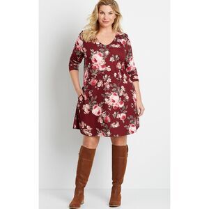 MAURCIES Burgundy Floral Plus Sz 0X Soft Stretchy Microfiber Dress Side Pockets